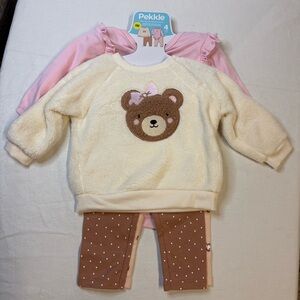 Pekkle Adorable Bear Pullover 4 Piece Set - Cream, Pink & Brown 6 mth